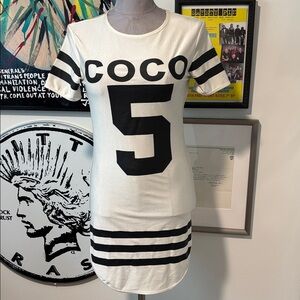 Coco Chanel-Style Graphic T-Shirt Short Sleeve Mini-Dress in Black and White.